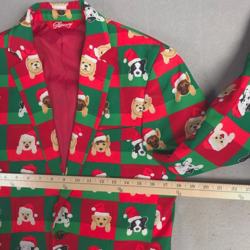 Shinesty Mens Holiday Dog Blazer Red Green Christmas Santa Hat Jacket Size 36‎